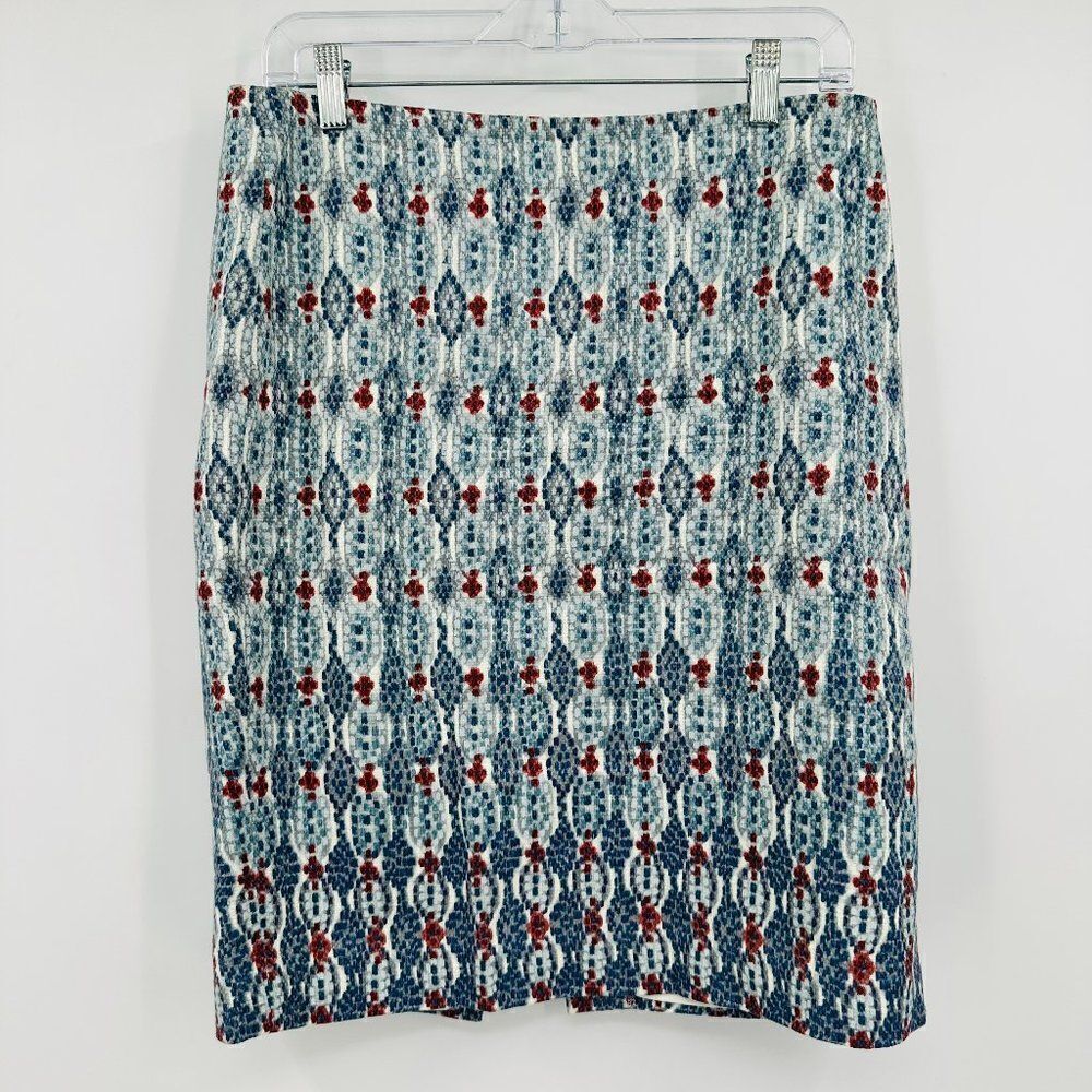 LOFT Size 10 Blue & White Geometric Boho Print Career Pencil Skirt
